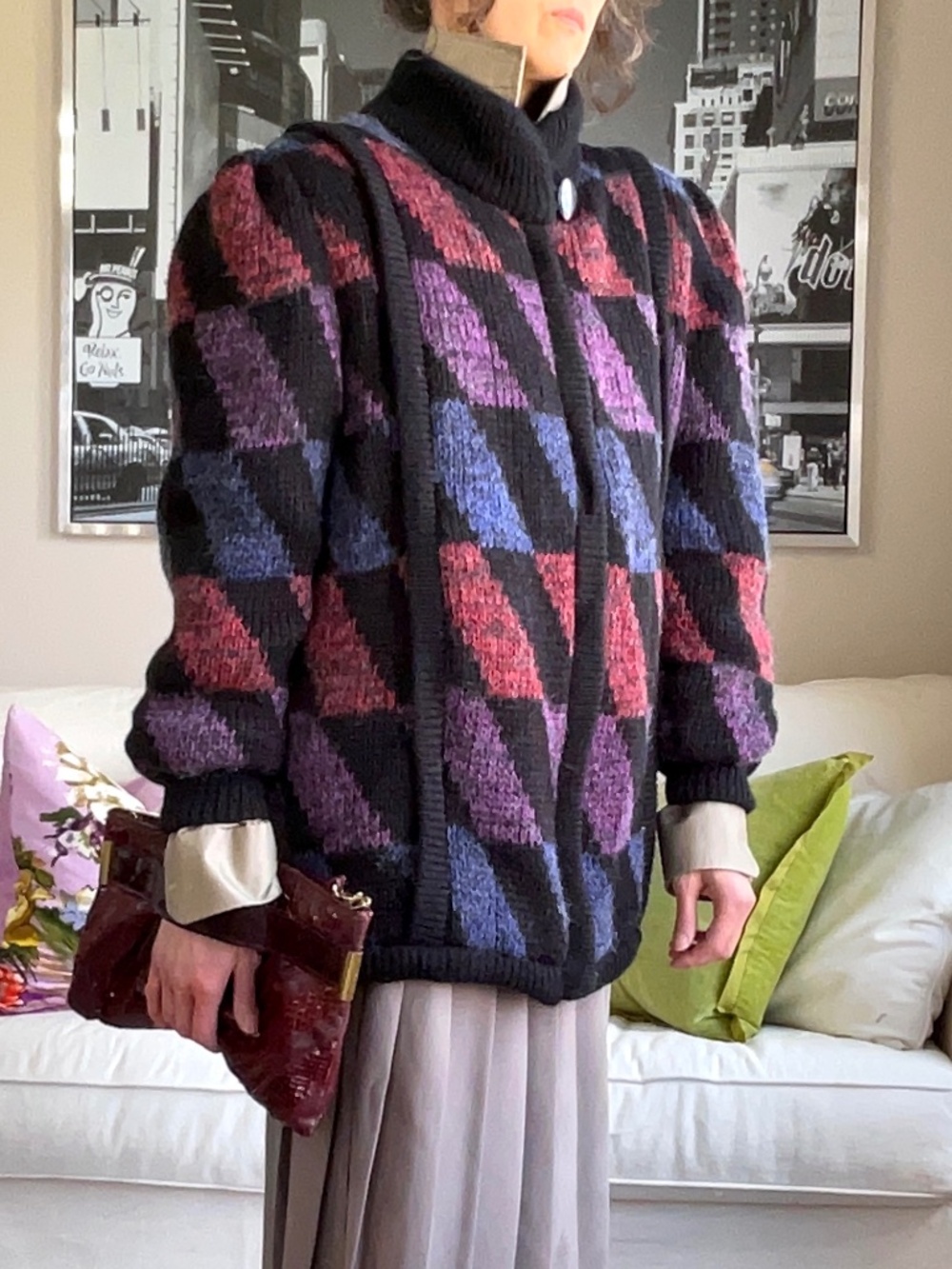 Vintage knit jacket with geometric triangle colourful pattern
